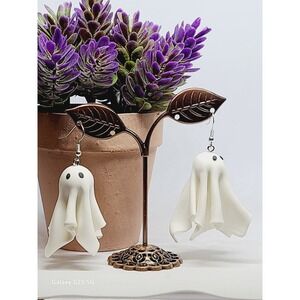 White Ghost Halloween Dangle Earrings Spooky Polymer Clay Matte Drop Jewelry